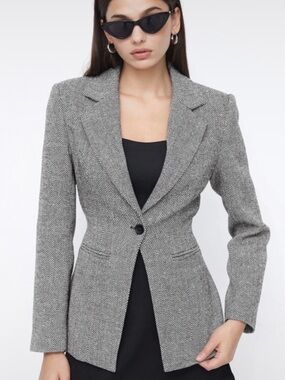 Cider Grey Herringbone Single-Button Tailored Blazer
